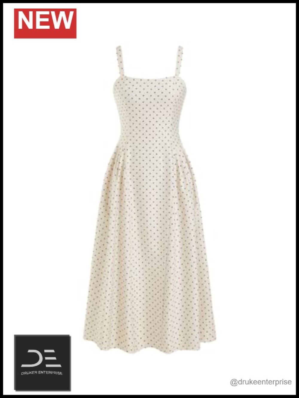 Polka Dots Midi A-Line Dress with Square Neck and Side Pockets